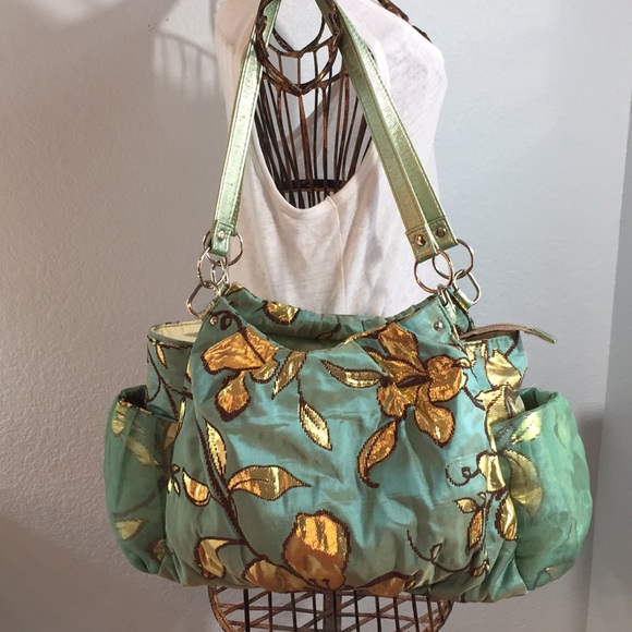 Unique bag, teal/green, gold floral, gorgeous, EUC - Picture 3 of 8